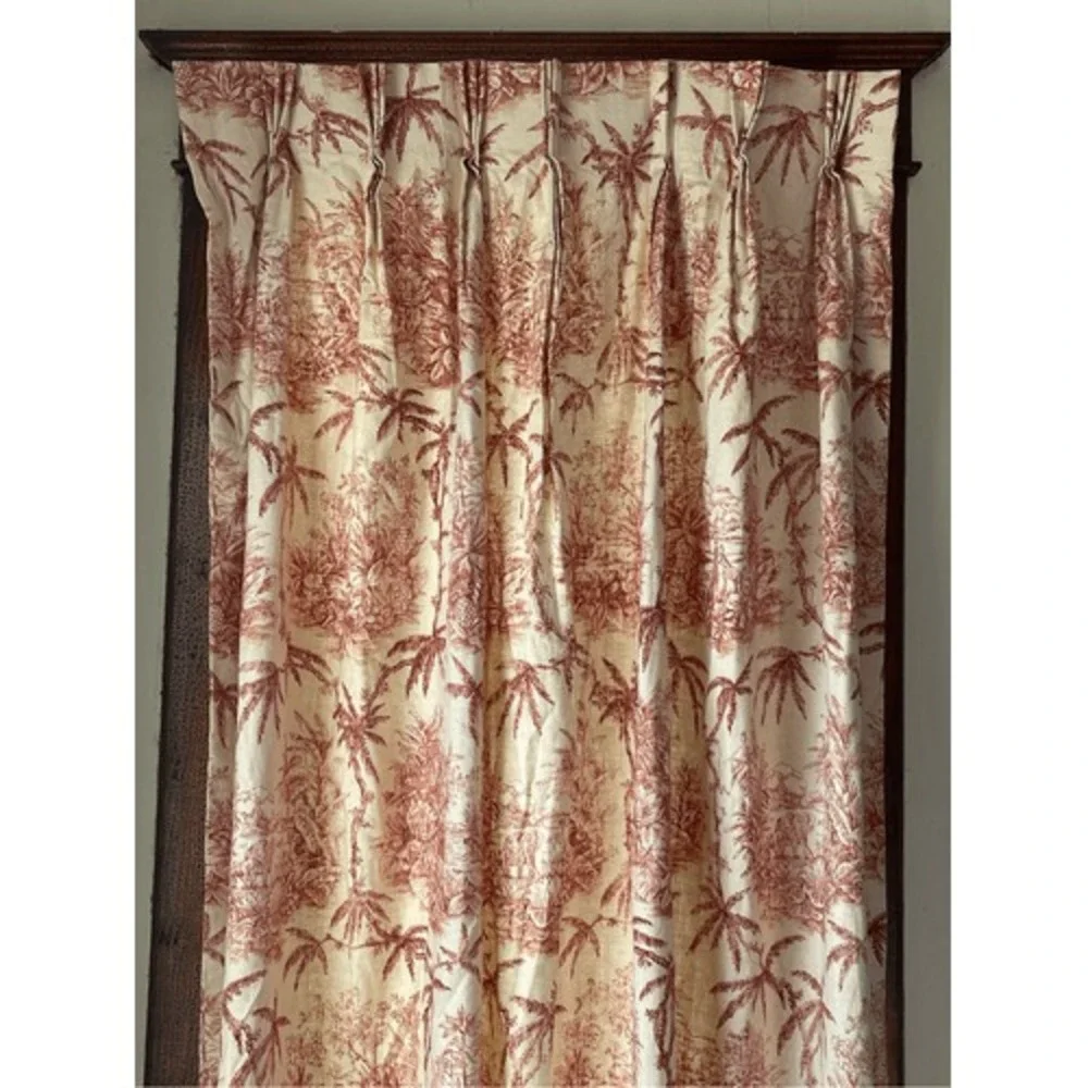 Vintage Red Toile Palm Tree Cotton Pinch Pleat Heavy Curtain‎ Panels Pair 82 In